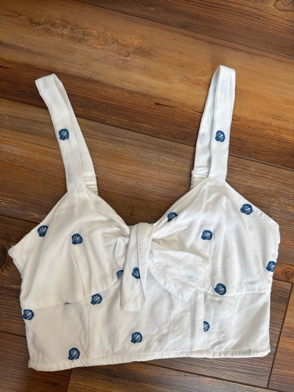 Jopna White Seashell Embroidered Crop Tank Top Small Coastal Beach Tie Front - Picture 5 of 5